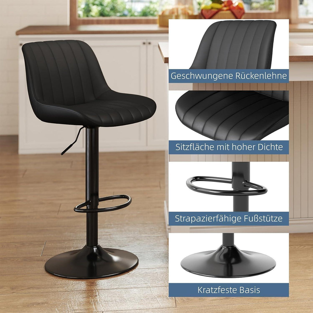 Drehbare Barhocker Set 2 Schwarz, Höhenverstellbar & Komfortabel