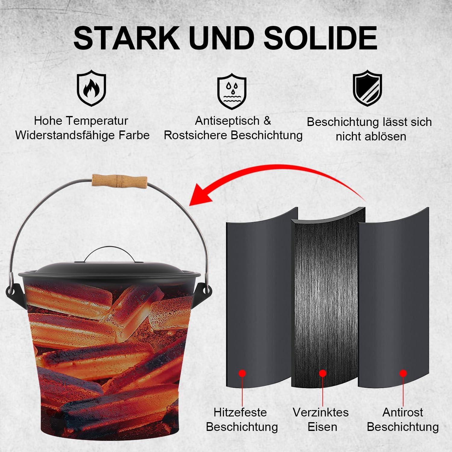 Ascheeimer mit Deckel 10 Liter Werkzeugset für Kamin