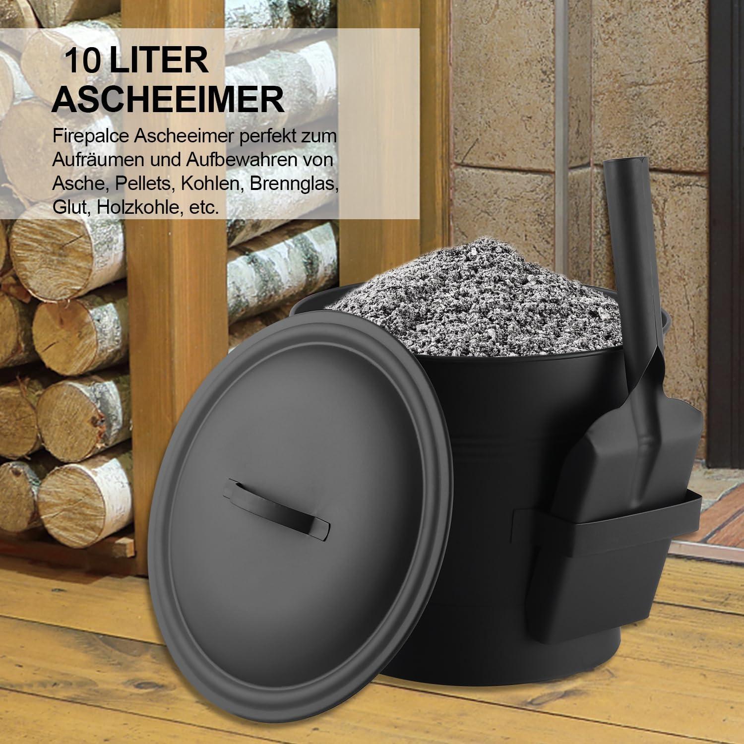 Ascheeimer mit Deckel 10 Liter für Kamin und Grill, Schwarz