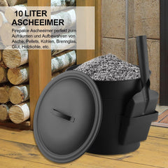 Ascheeimer mit Deckel 10 Liter für Kamin und Grill, Schwarz