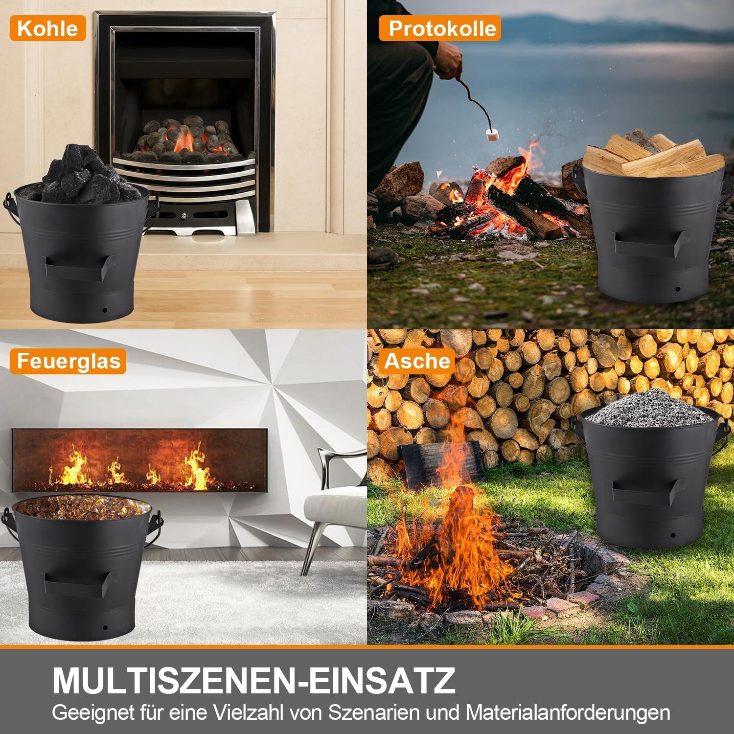 Ascheeimer mit Deckel 10 Liter Reinigungsbürste Schaufel Zubehör Kamin