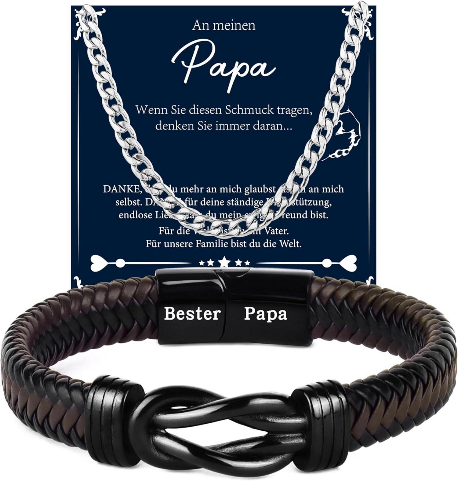 Merclix Geschenkset Schwarz Lederarmband Halskette