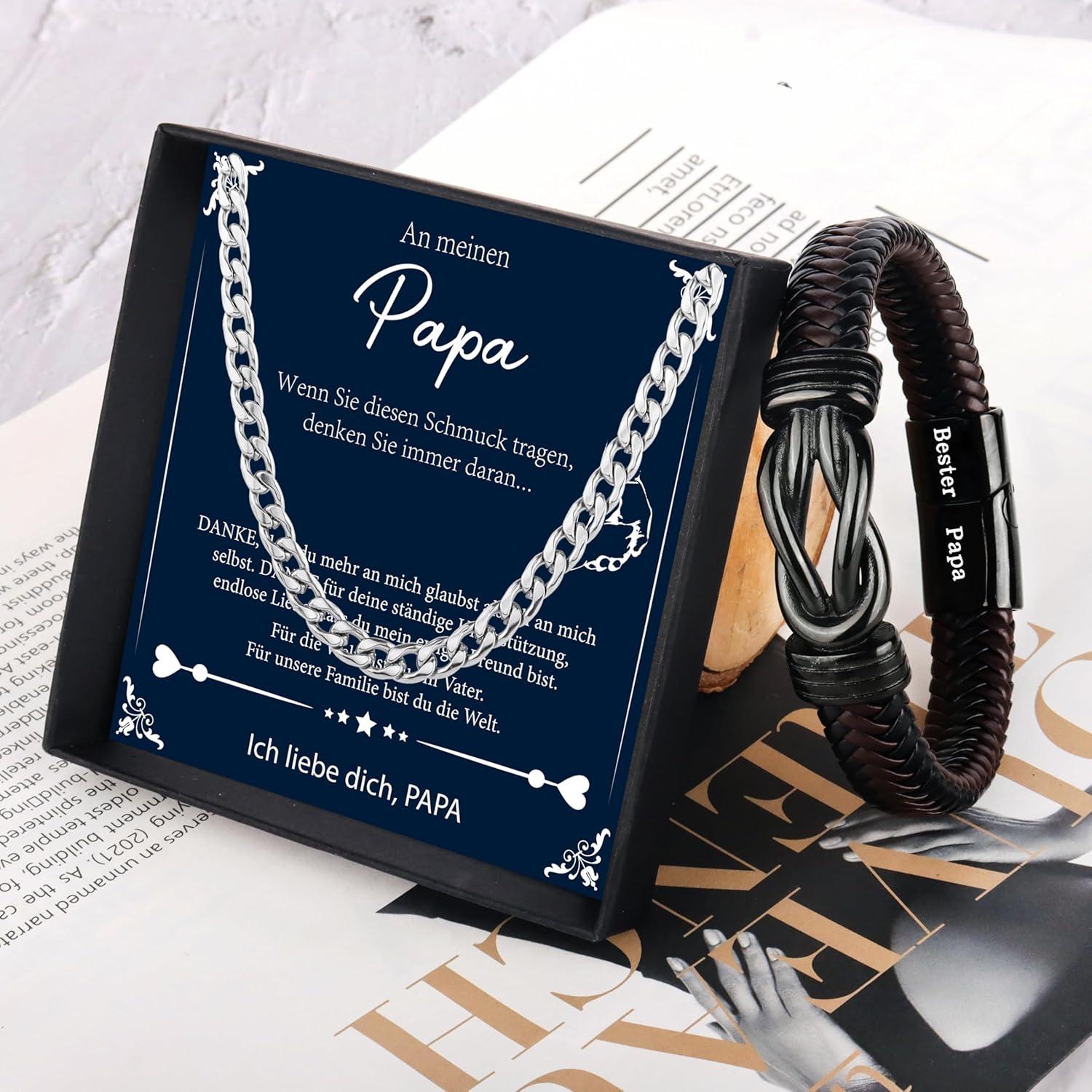 Armband und Halskette Set für Männer/Papa - Schwarz/Braun - Geschenk zum Valentinstag/Vatertag - Trendiges Leder & Edelstahl