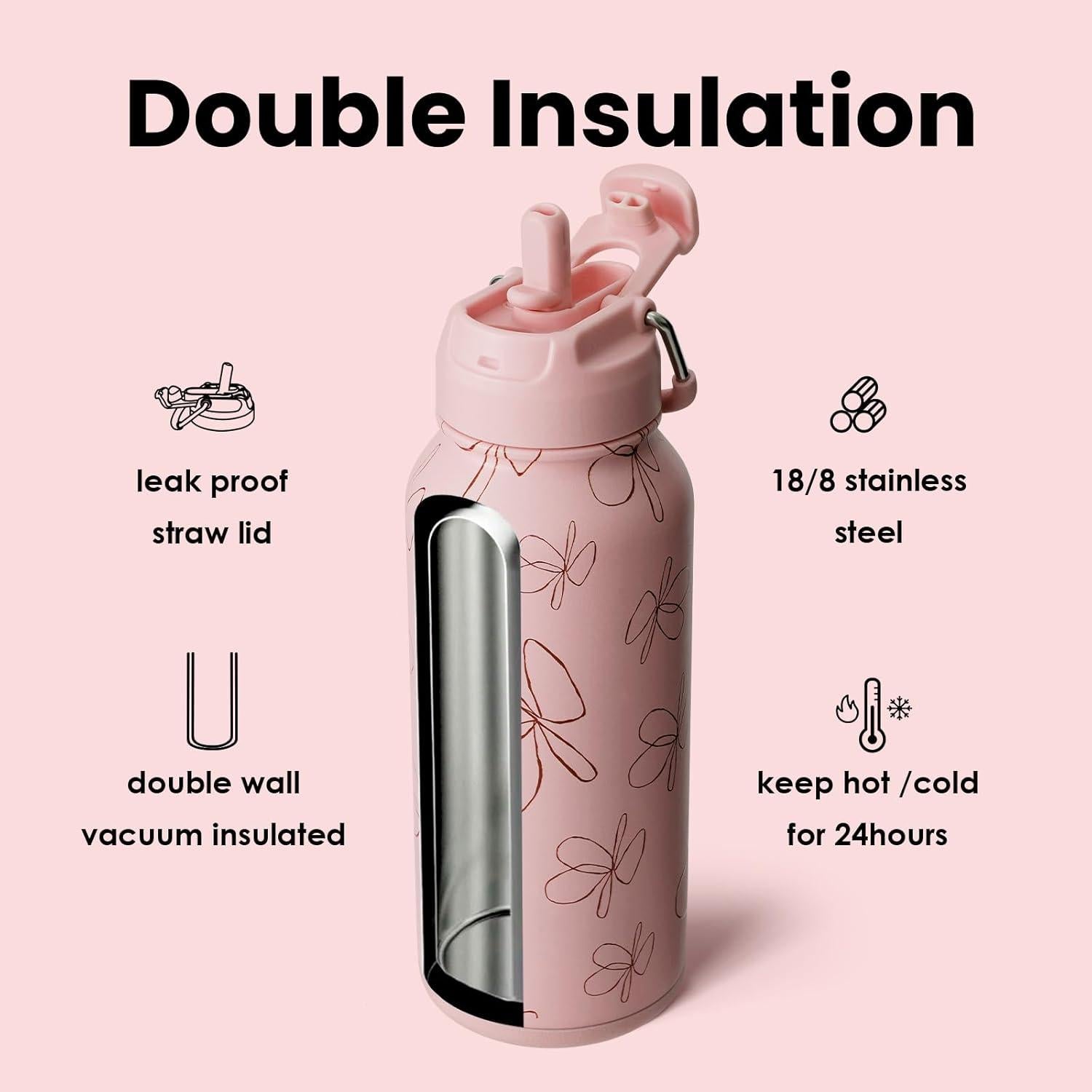 Edelstahl Trinkflasche 1L Strohhalm, Thermoskanne Sport Isolierflasche