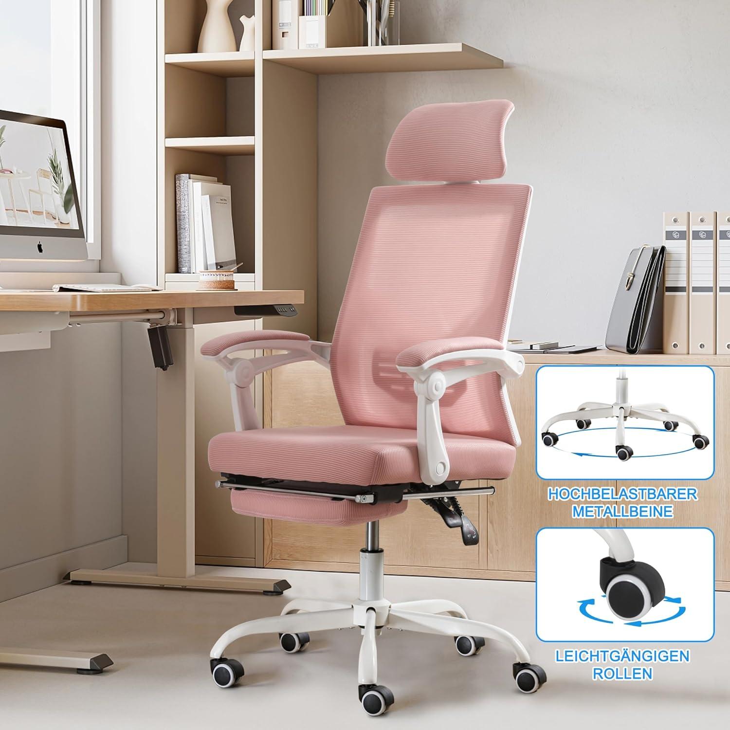 Ergonomischer Bürostuhl Mesh Rosa Fußstütze Kopfstütze Lendenstütze
