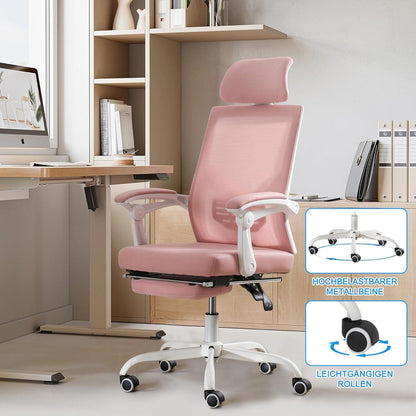 Ergonomischer Bürostuhl Mesh Rosa Fußstütze Kopfstütze Lendenstütze