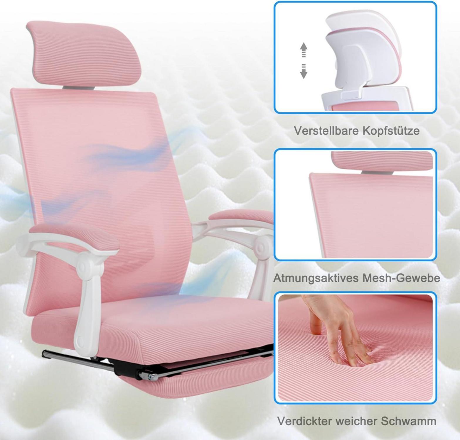 Ergonomischer Bürostuhl Mesh Rosa Fußstütze Kopfstütze Lendenstütze