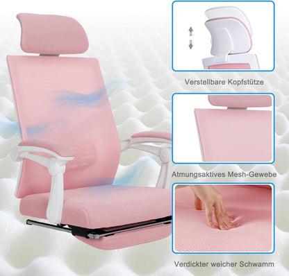 Ergonomischer Bürostuhl Mesh Rosa Fußstütze Kopfstütze Lendenstütze