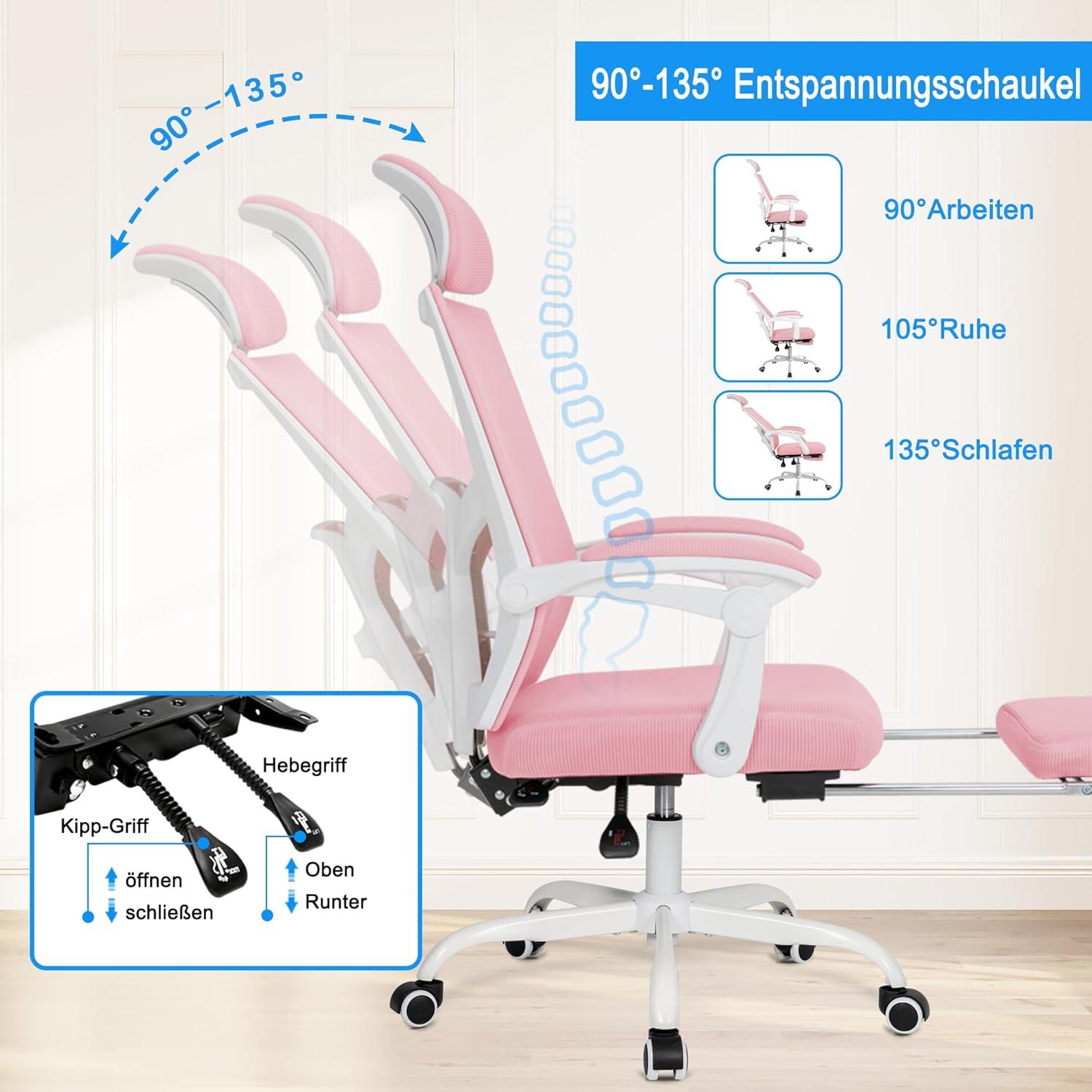 Ergonomischer Bürostuhl Mesh Rosa Fußstütze 135° höhenverstellbar