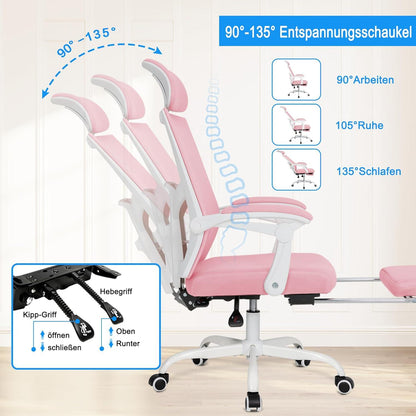 Ergonomischer Bürostuhl Mesh Rosa Fußstütze 135° höhenverstellbar