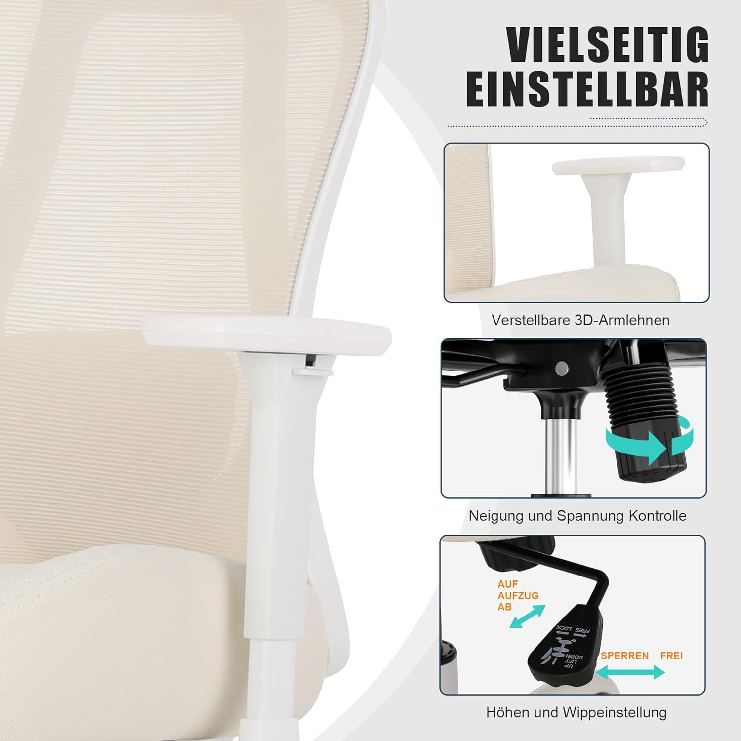 Ergonomischer Bürostuhl bis 230KG mit Wippfunktion, Armlehnen - Beige