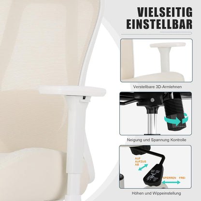 Ergonomischer Bürostuhl bis 230KG mit Wippfunktion, Armlehnen - Beige