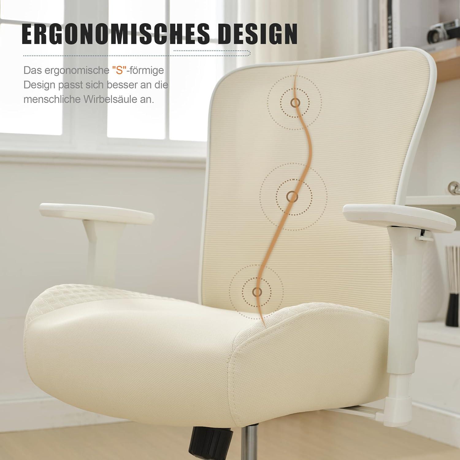 Ergonomischer Bürostuhl bis 230KG mit Wippfunktion, Armlehnen - Beige