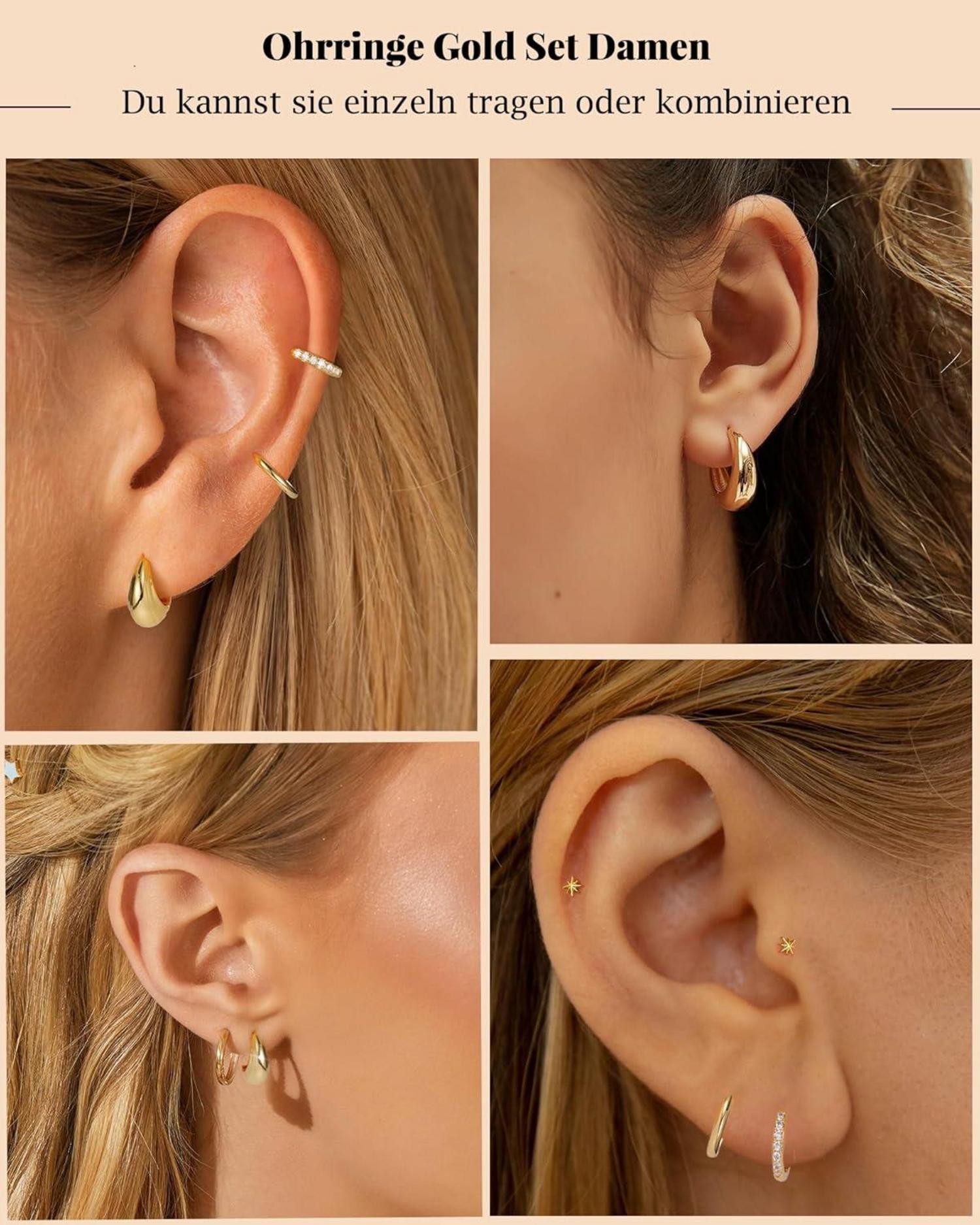 FUNEIA Ohrringe Silber 925 Vergoldet Damen Creolen Ohrstecker Zirkonia Set Stecker Hypoallergene Goldene Mehrere Piercings Schmuck