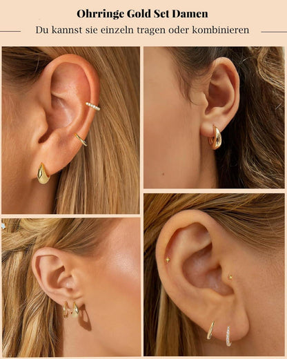 FUNEIA Ohrringe Silber 925 Vergoldet Damen Creolen Ohrstecker Zirkonia Set Stecker Hypoallergene Goldene Mehrere Piercings Schmuck