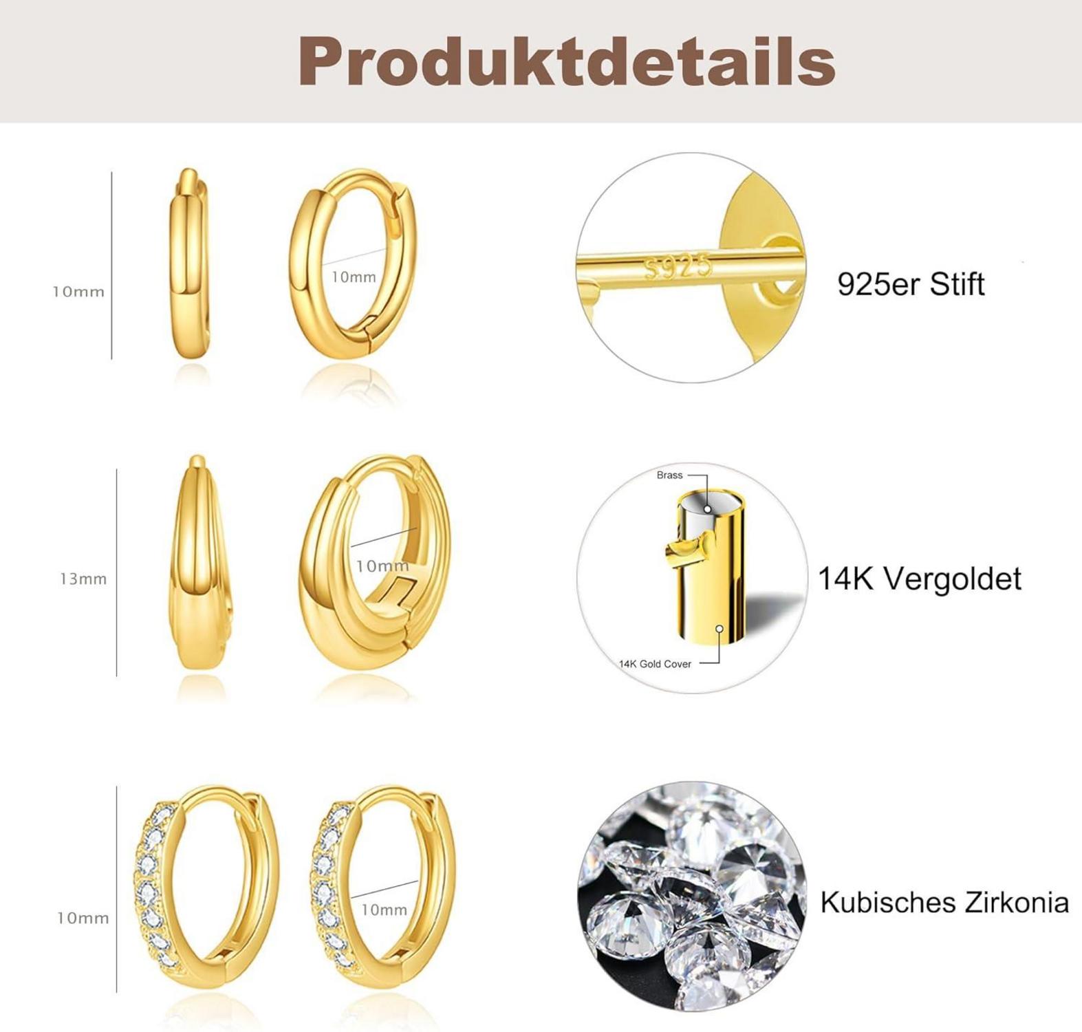FUNEIA Silber Ohrringe Set Damen Zirkonia Gold Stapelbar hypoallergen