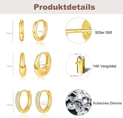 FUNEIA Silber Ohrringe Set Damen Zirkonia Gold Stapelbar hypoallergen