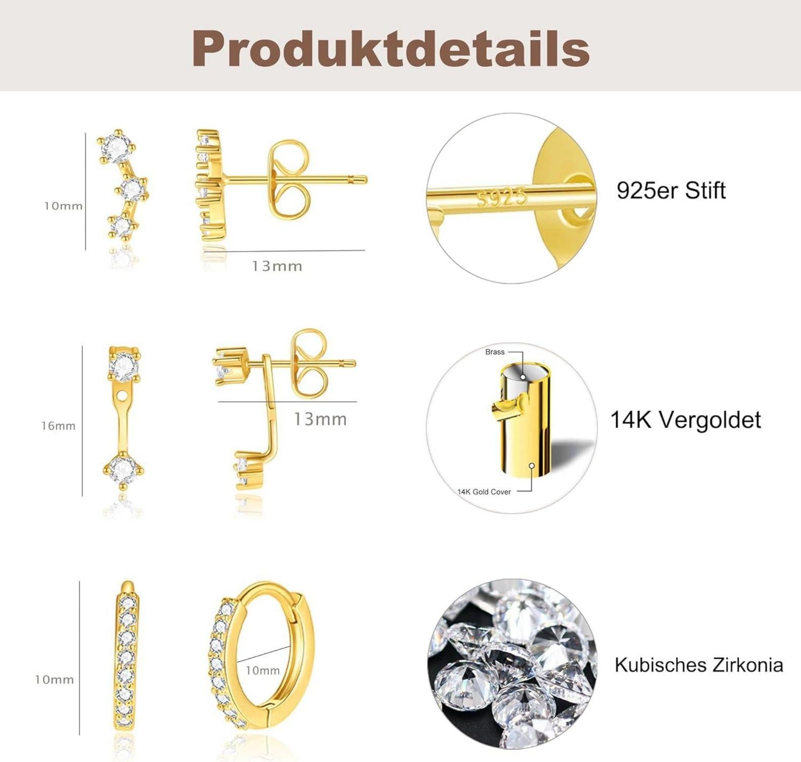 FUNEIA Silber 925 14K Vergoldet Damen Ohrstecker Gold Set Zirkonia Hypoallergene
