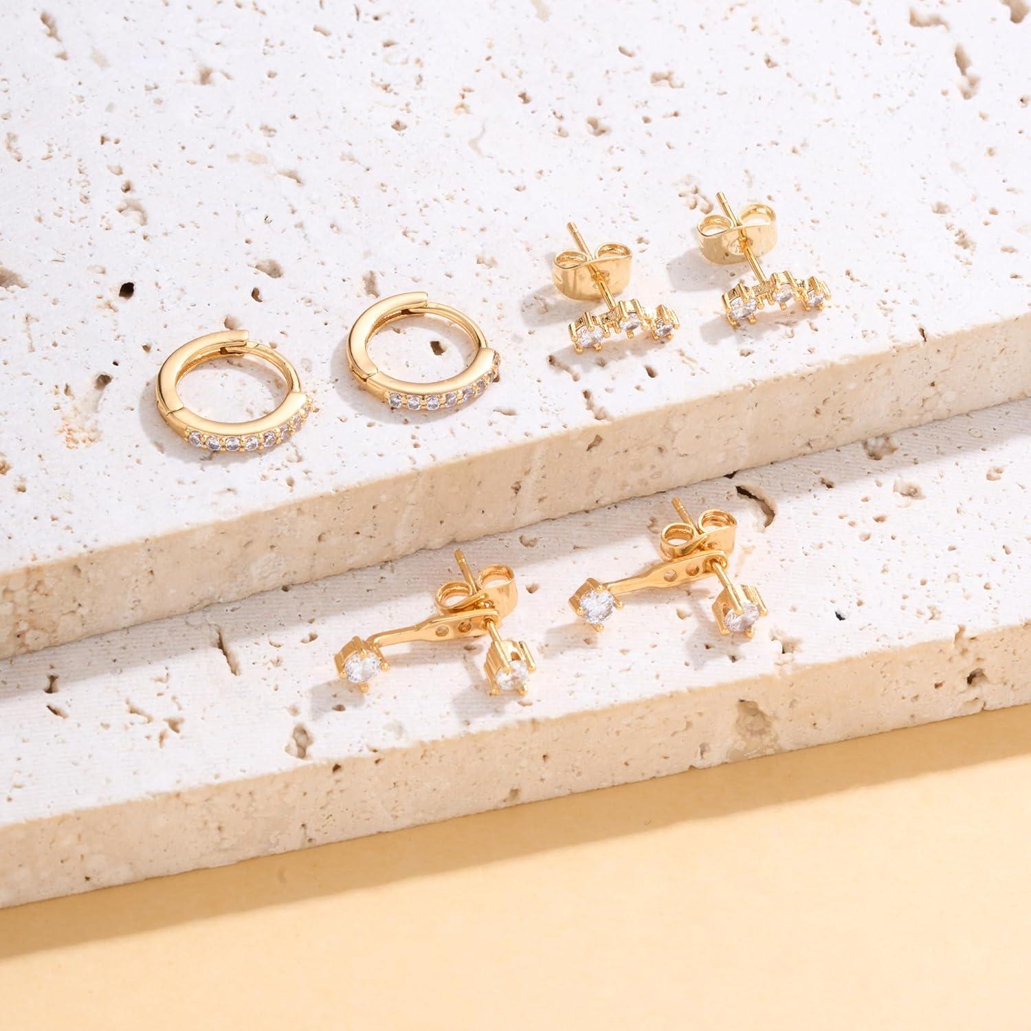 FUNEIA Silber 925 14K Vergoldet Damen Ohrstecker Gold Set Zirkonia Hypoallergene