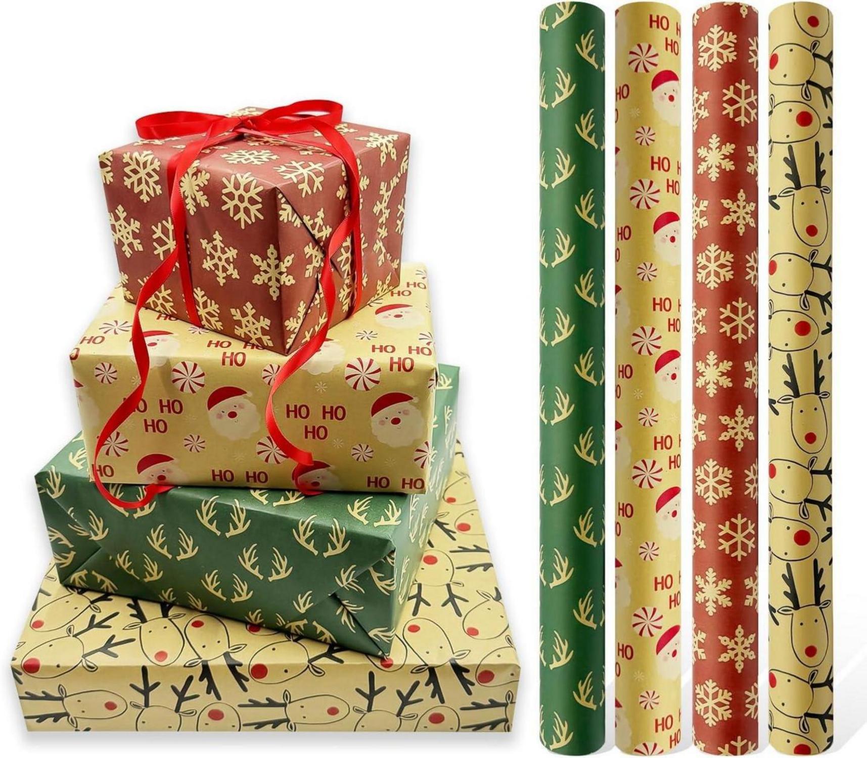 4 Rollen Weihnachtsgeschenkpapier Kraftpapier, 43 cm x 3 m