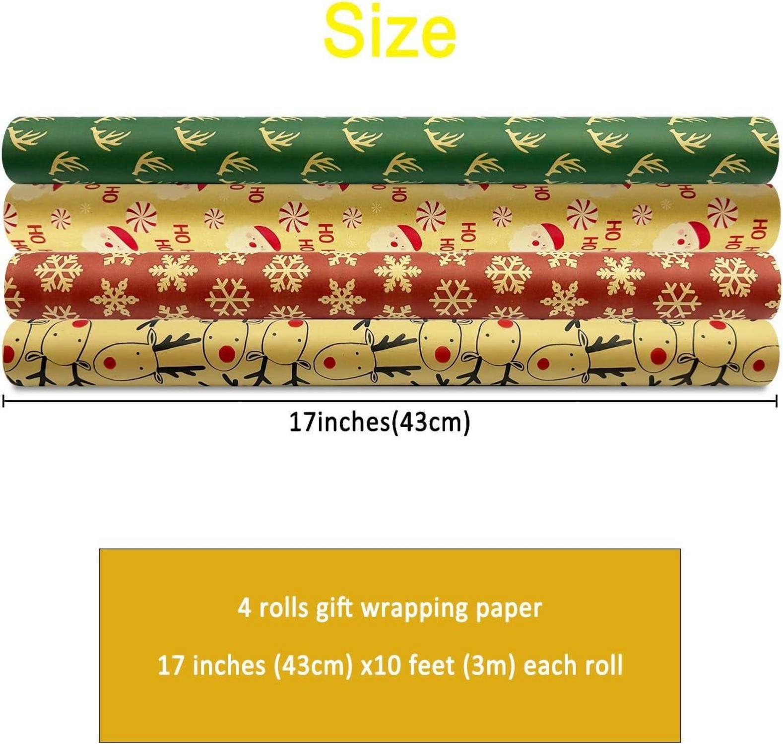 4 Rollen Weihnachtsgeschenkpapier Kraftpapier, 43 cm x 3 m