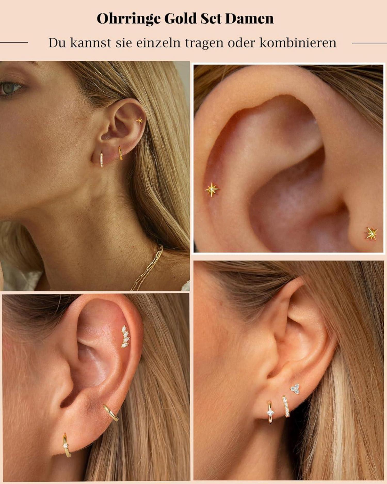 FUNEIA Silber 925/14K Vergoldet Damen Ohrringe Set Zirkonia Hypoallergen Goldene Creolen A