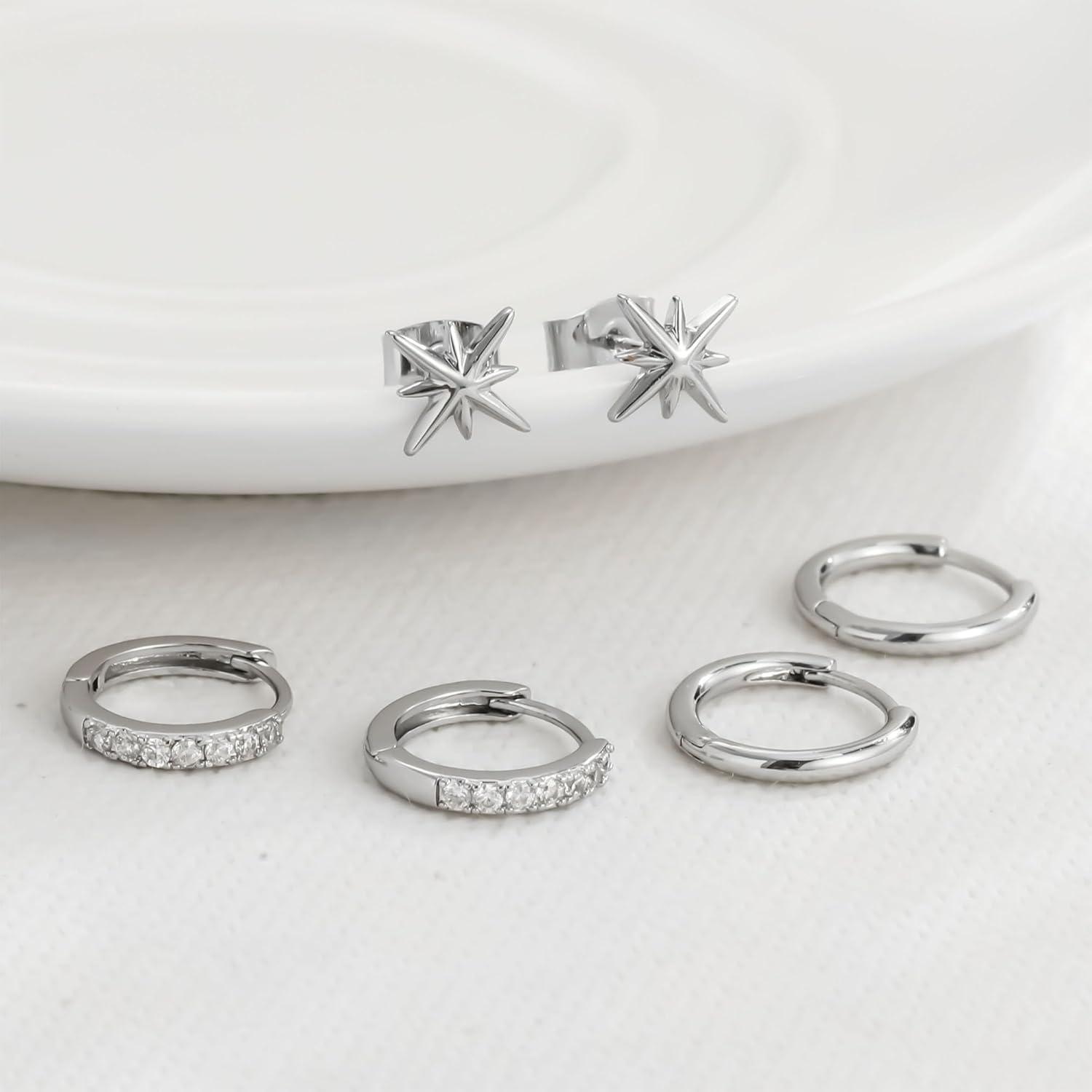 FUNEIA Ohrringe Set Silber Gold Damen Zirkonia Creolen Ohrstecker hypoallergen