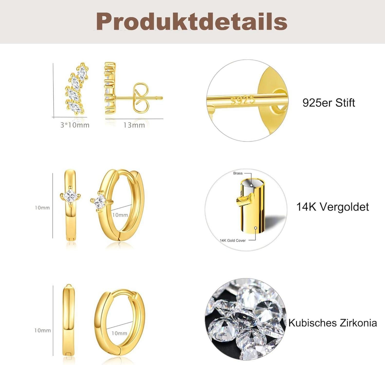 Hypoallergene Ohrringe Silber 925/14K Vergoldet Damen Set Zirkonia Gold