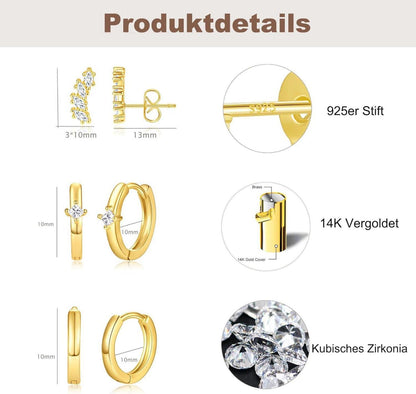 Hypoallergene Ohrringe Silber 925/14K Vergoldet Damen Set Zirkonia Gold