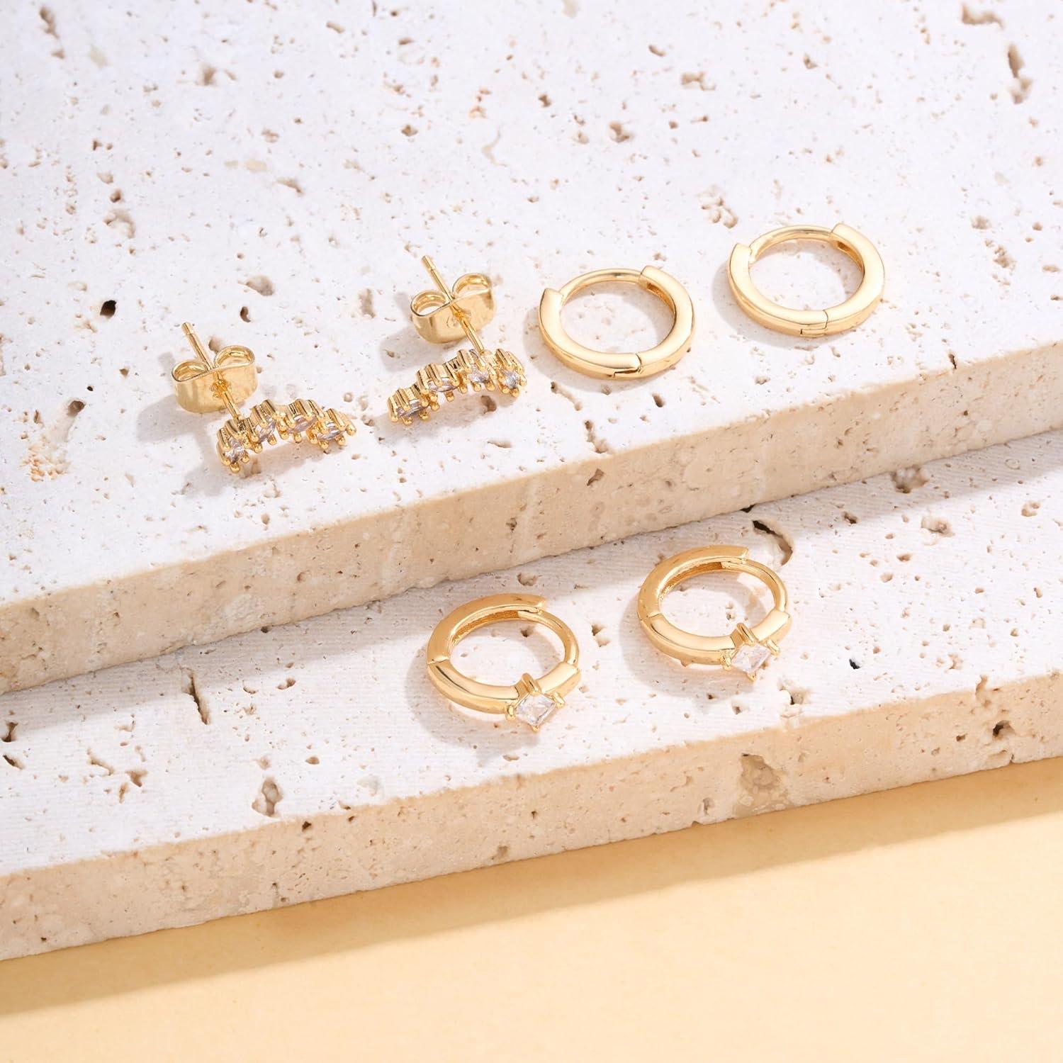 FUNEIA Ohrringe Silber 925 14K Vergoldet Damen Creolen Ohrstecker Gold Set Zirkonia hypoallergen