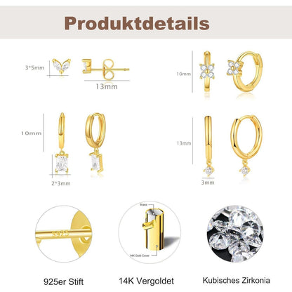 FUNEIA Ohrringe Set 925 Silber 14K Vergoldet Zirkonia Damen