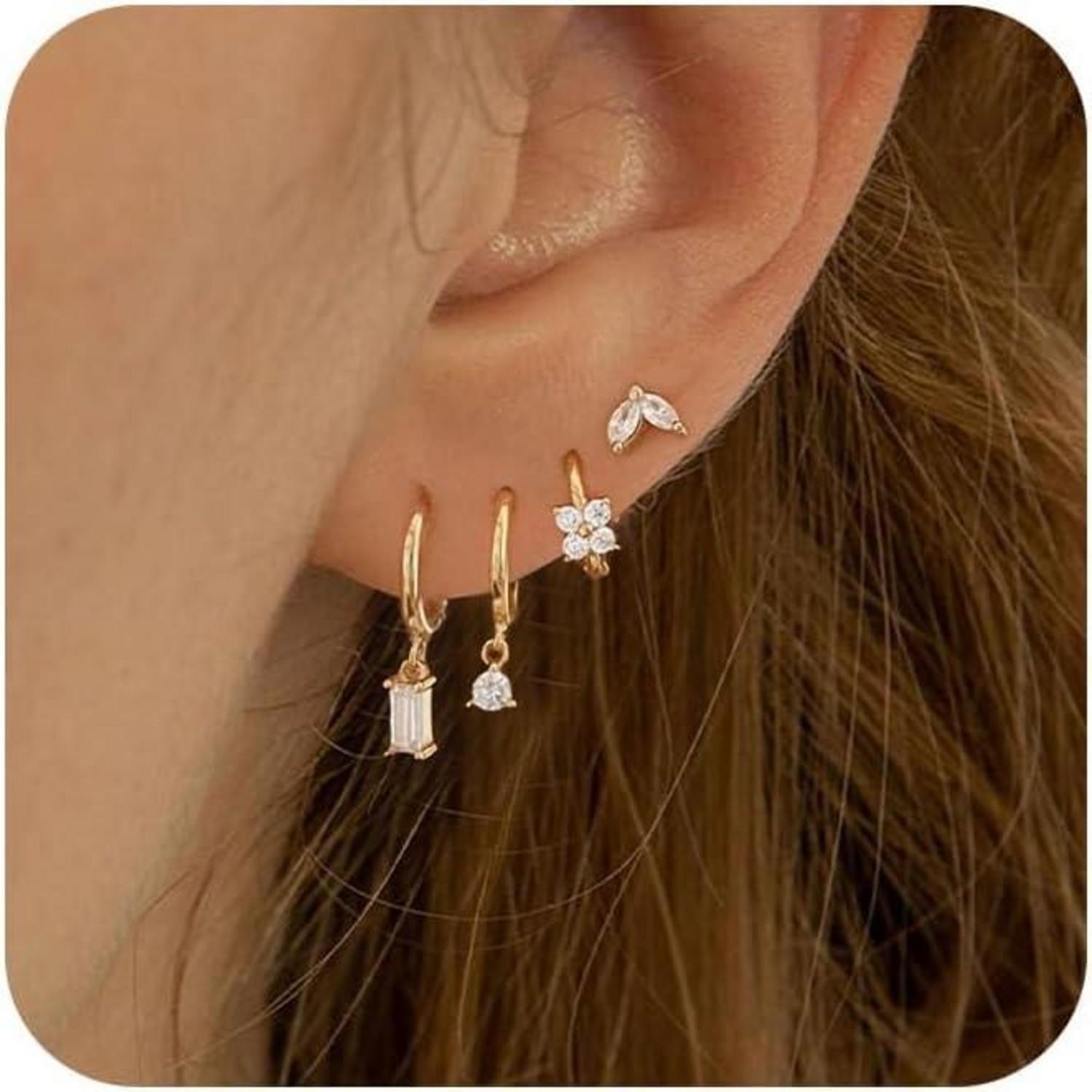 Creolen Ohrstecker Set mit Zirkonia, 925 Silber, 14K Vergoldet
