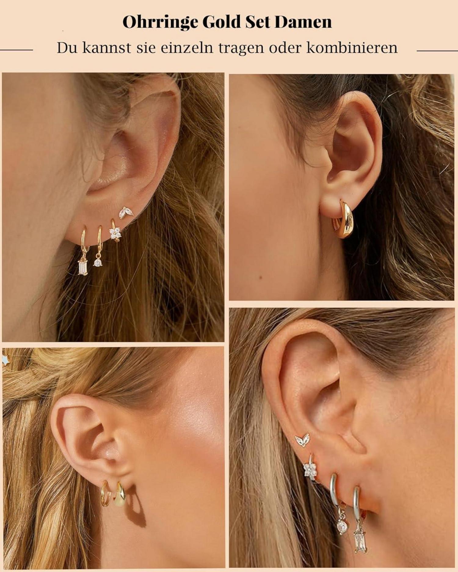 Creolen Ohrstecker Set mit Zirkonia, 925 Silber, 14K Vergoldet
