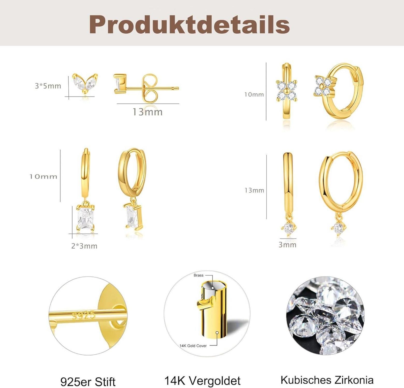 Silber Goldene Ohrringe Set Damen Zirkonia Creolen 925 14K