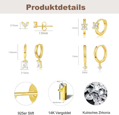 Silber Goldene Ohrringe Set Damen Zirkonia Creolen 925 14K