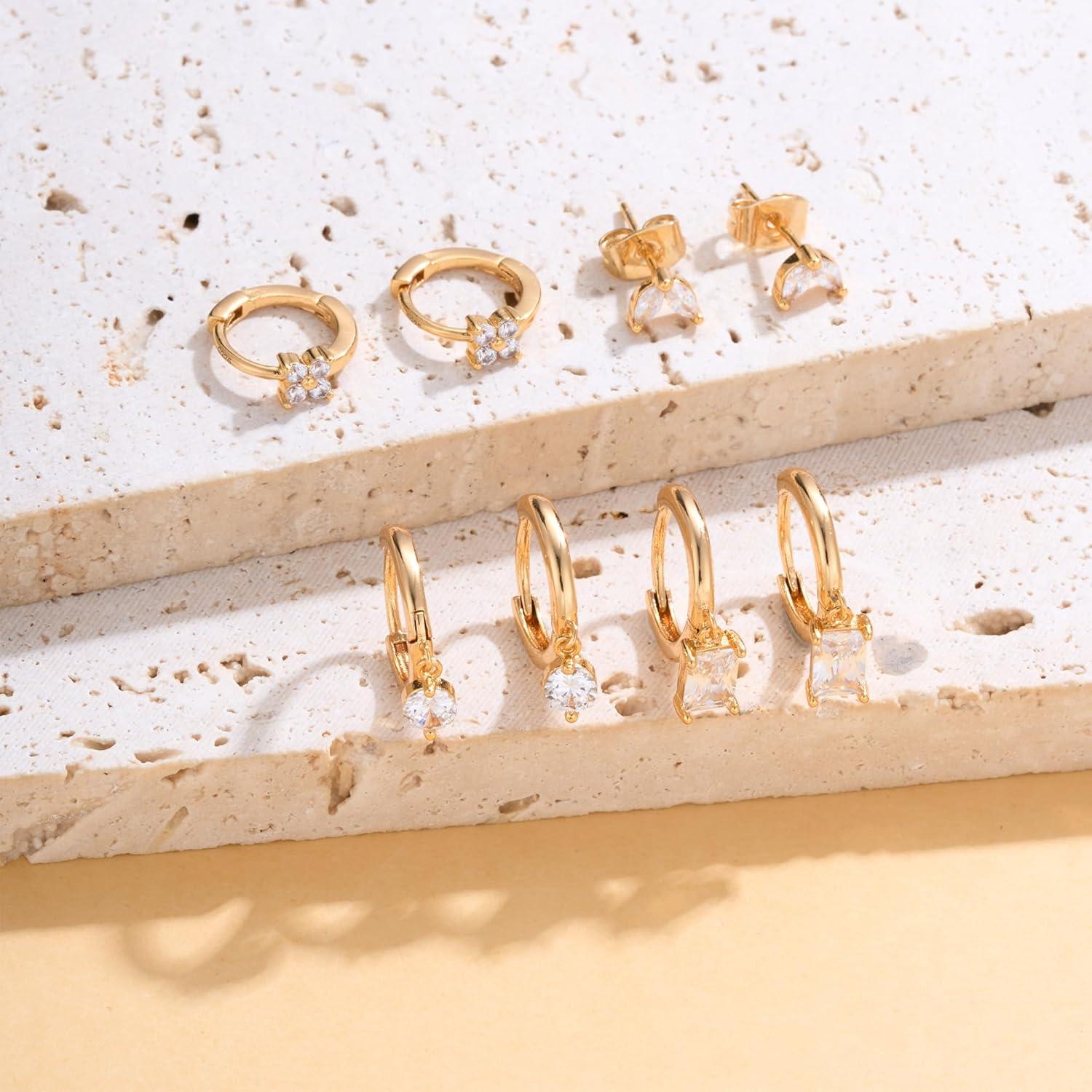 FUNEIA Ohrringe Silber 925 14K Vergoldet Damen Klein Creolen Ohrstecker Gold Set Zirkonia wasserdicht hypoallergen