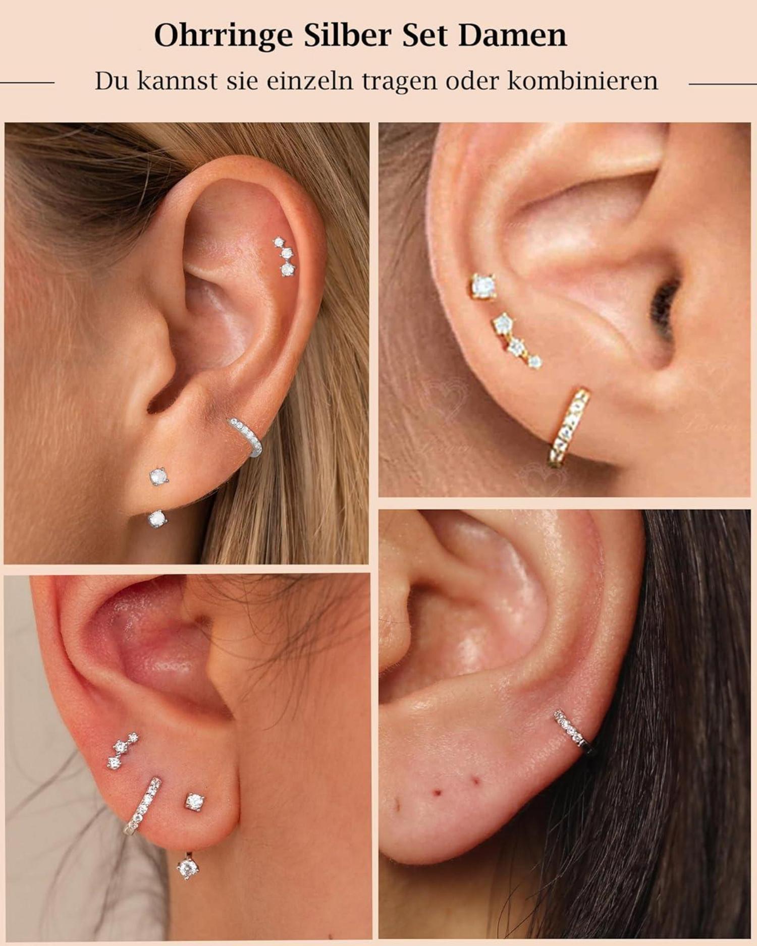 Ohrringe Silber 925 Vergoldet Damen Creolen Ohrstecker Zirkonia Set wasserfest