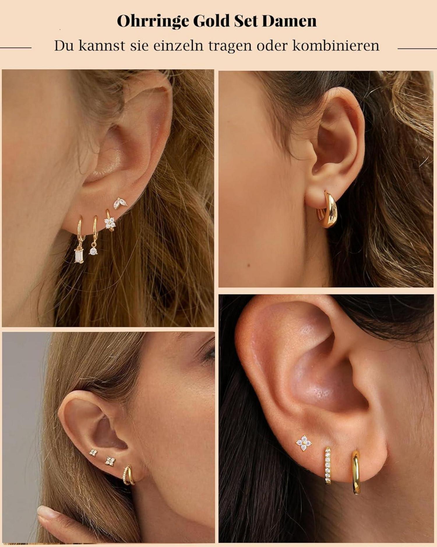 Ohrringe Silber 925 14K Vergoldet Damen Klein Creolen Ohrstecker Zirkonia Wasserdicht hypoallergen Goldene Ohrringe multiple Piercings Smuck Golden
