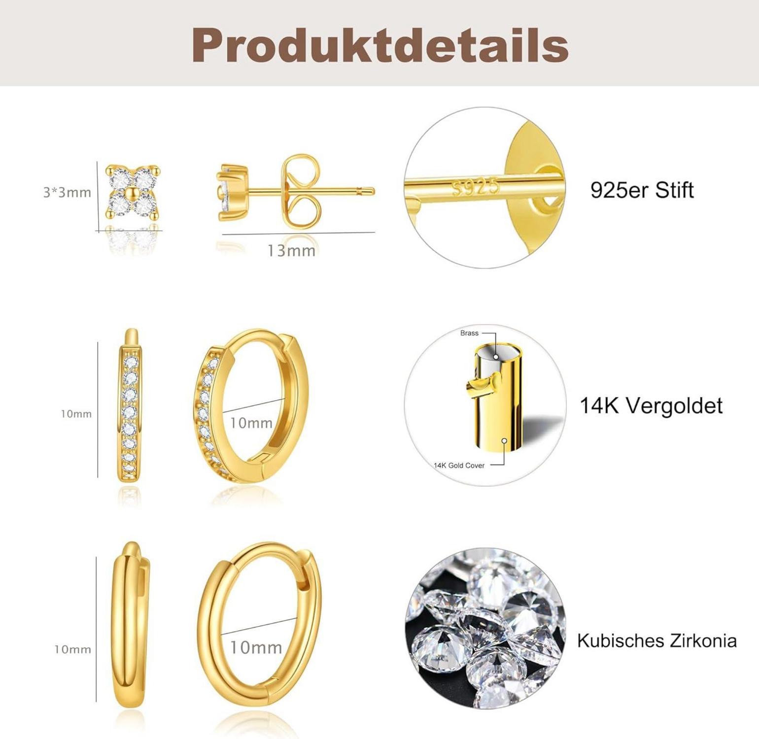 FUNEIA Ohrringe Set Silber 925/14K Vergoldet Zirkonia Damen Kreolen Gold