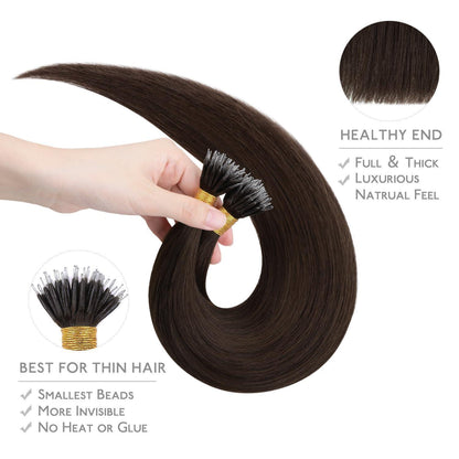 Echthaar Nano Ring Extensions – Hellbraun/Dunkelbraun 55cm