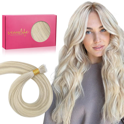 Nanoring Extensions Echthaar Aschblond Highlights Platinblond 55cm
