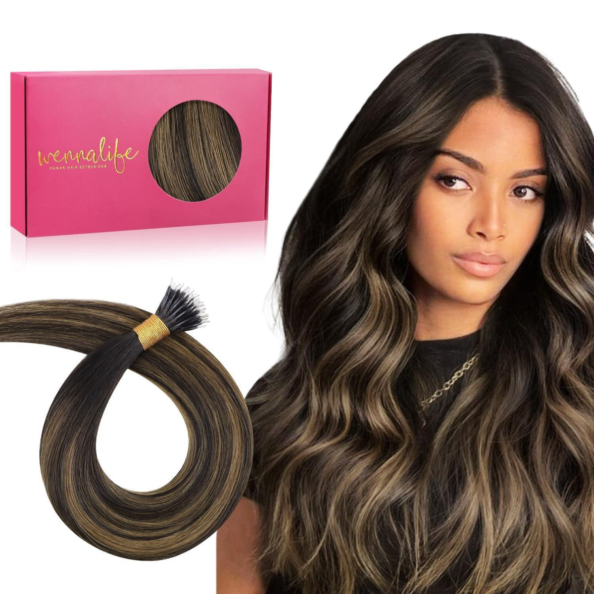 Echthaar Nano Ring Extensions Dunkelbraun-Kastanienbraun Balayage