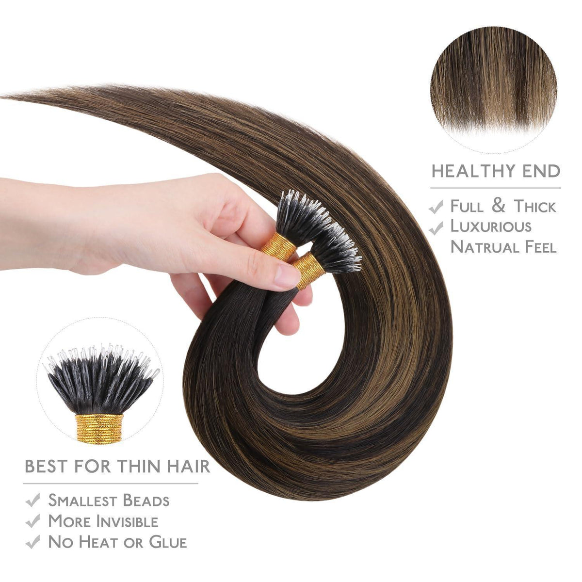 Echthaar Nano Ring Extensions Dunkelbraun-Kastanienbraun Balayage