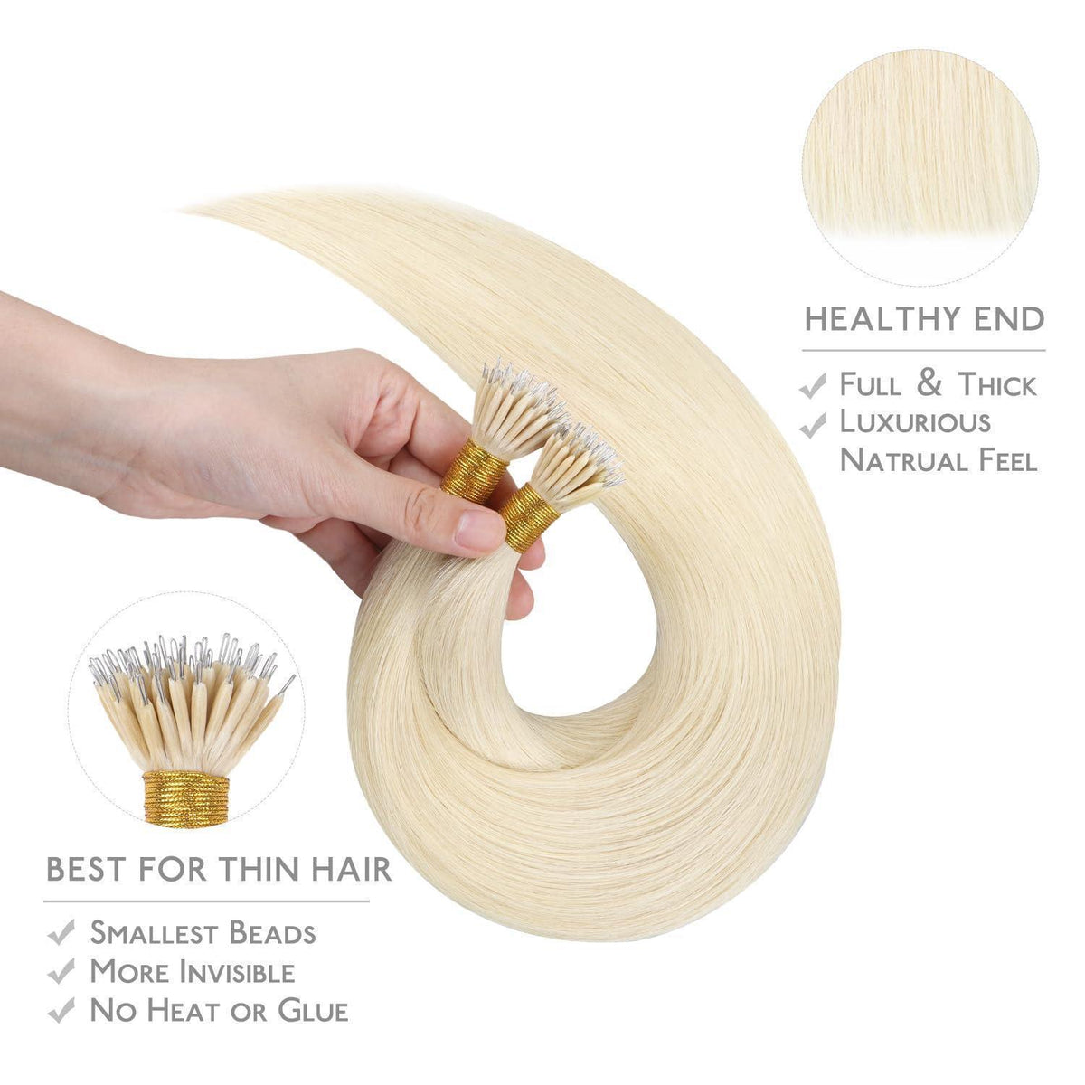 Echthaar Nano Ring Extensions Platinblond 45cm