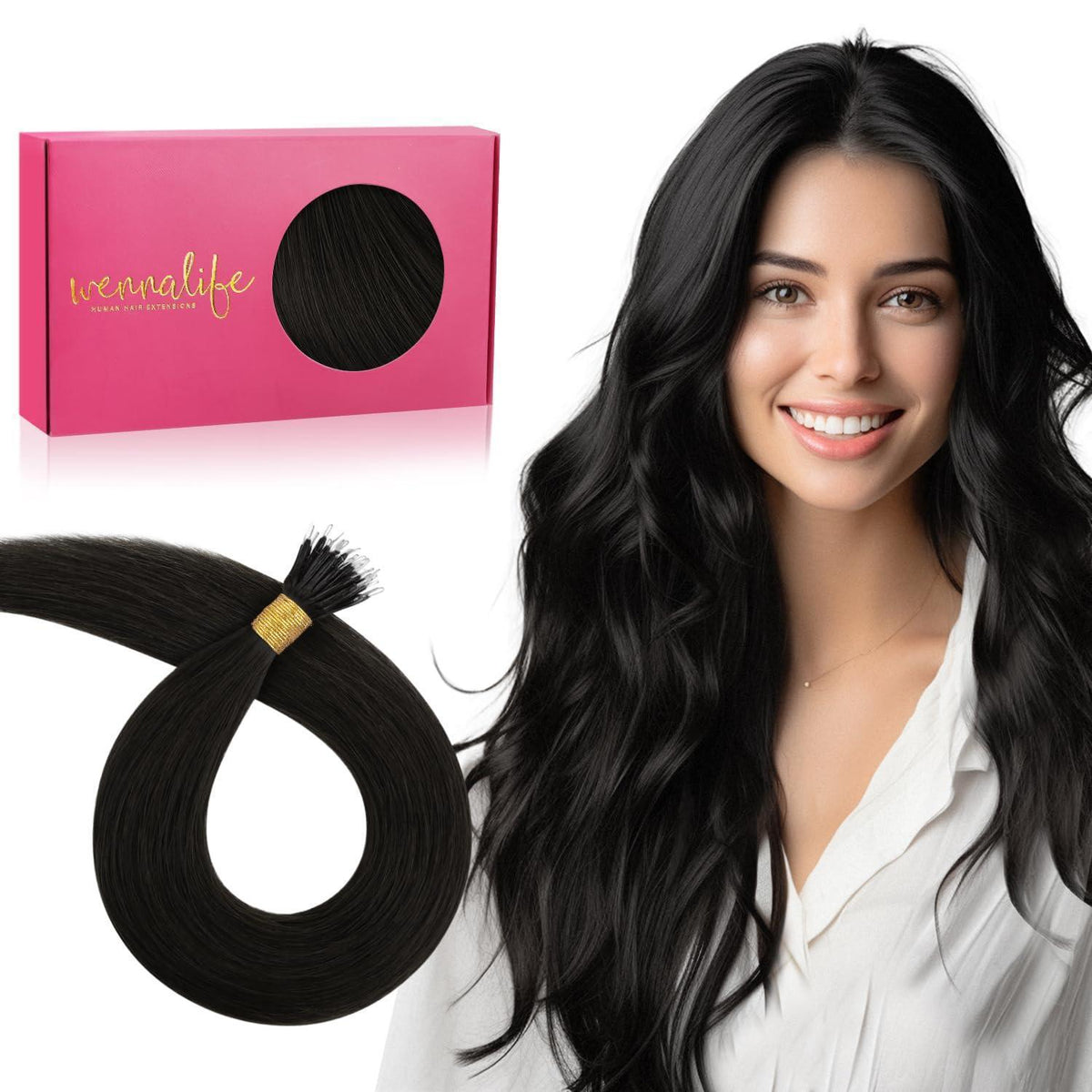 Echthaar Nano Ring Extensions Schwarz 55cm - 50g