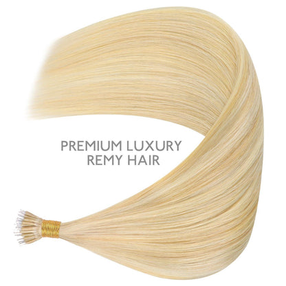 Echthaar Nano Ring Extensions Hellblond mit Gold Highlights 60cm