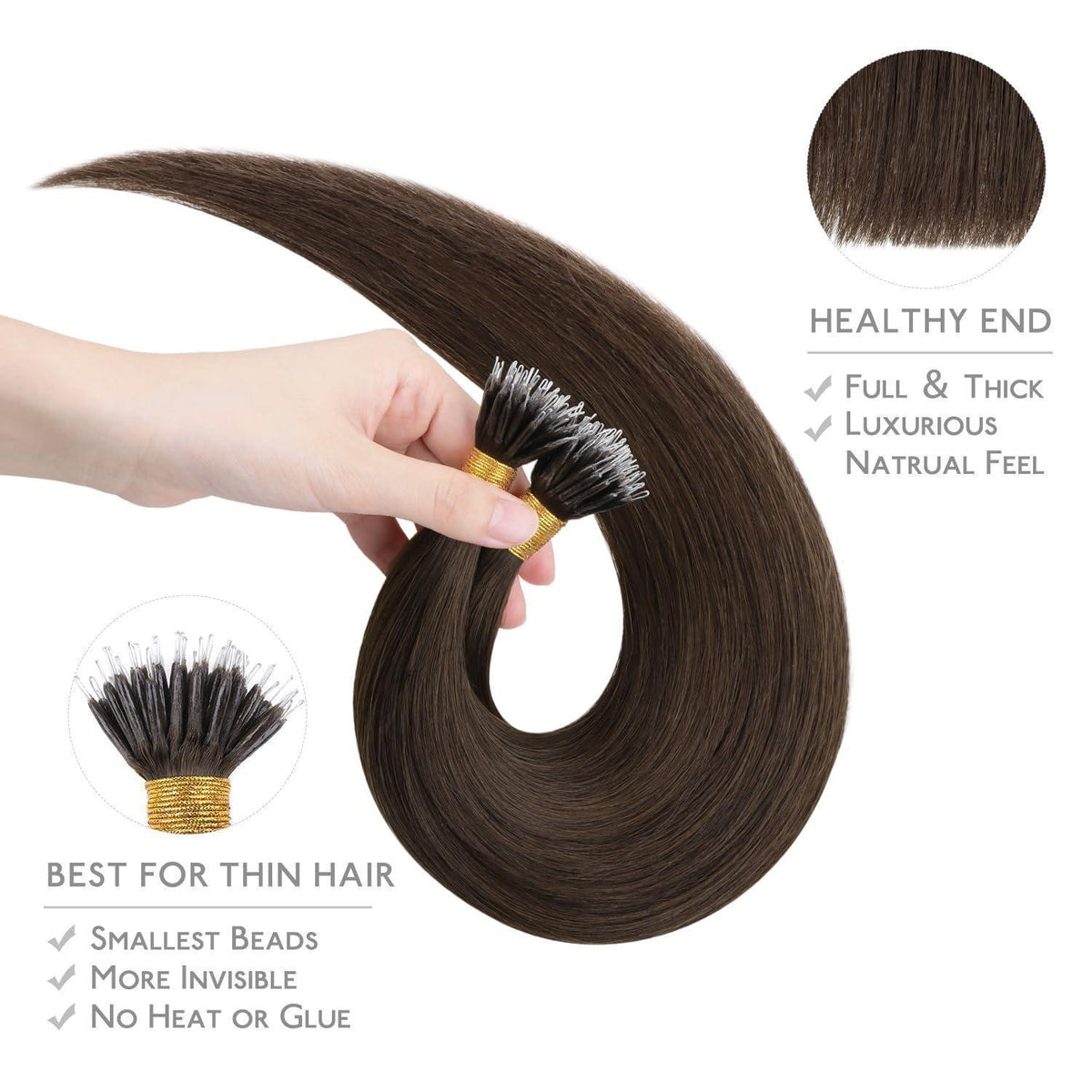 Echthaar Nano Ring Extensions Schokoladenbraun 55cm