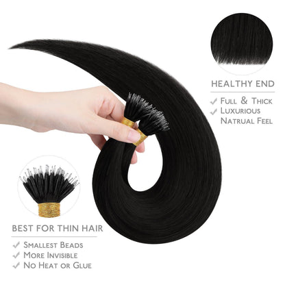 Echthaar Nano Ring Extensions – Tief Schwarz (35cm, 100 Strähnen)