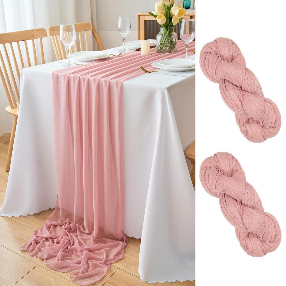 Altrosa Tischläufer Chiffon 77x300cm - 2er Set Boho Hochzeit Deko
