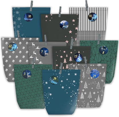 Adventskalender 24 Adventstüten Weihnachten Papiertüten Aufkleber Blau